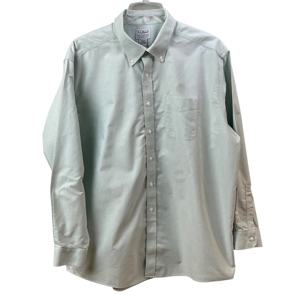 L L Bean Traditional Fit‎ Mint Green Oxford Button Neck Long Sleeve Shirt 18/35